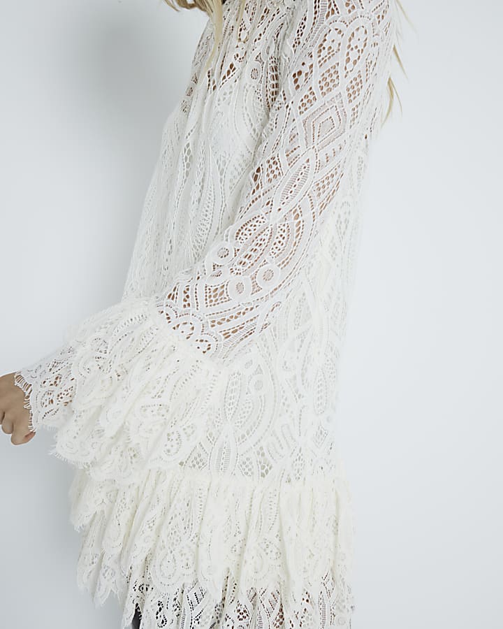 White Lace Tiered Shift Mini Dress