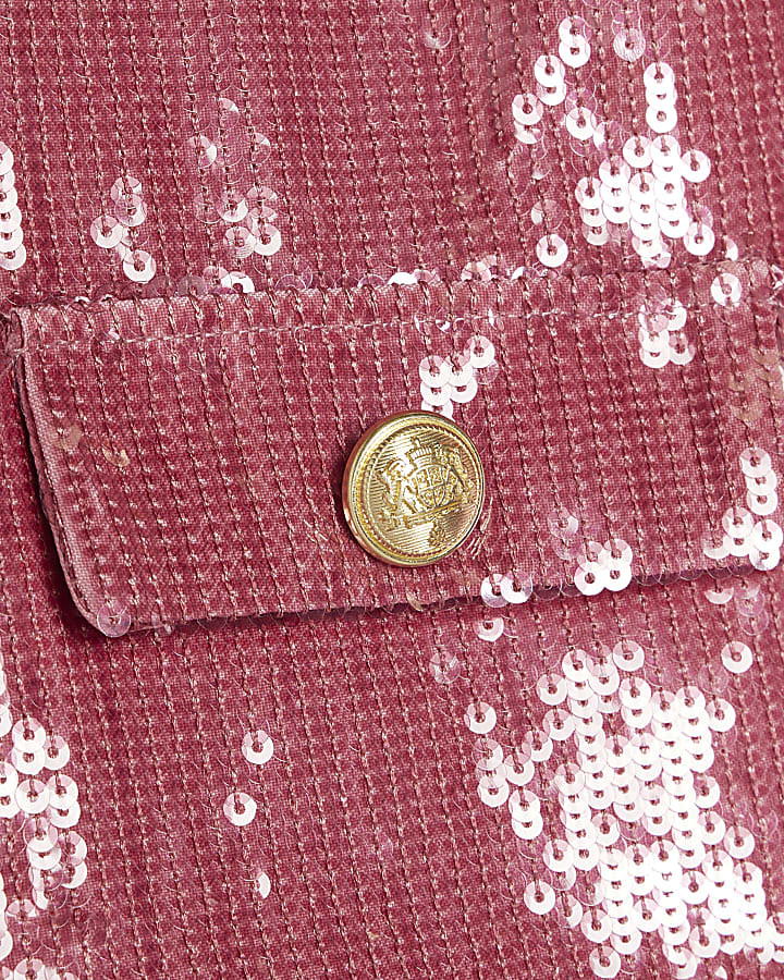 Pink Sequin Collarless Button Jacket