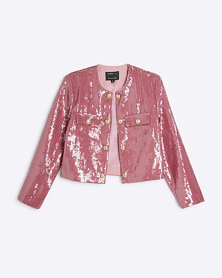 Pink Sequin Collarless Button Jacket