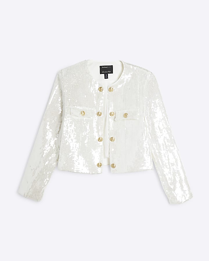 Cream Sequin Collarless Button Jacket