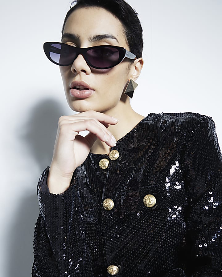 Black Sequin Collarless Button Jacket