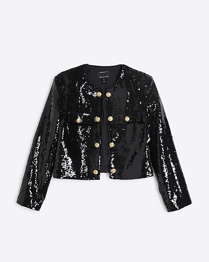 Black Sequin Collarless Button Jacket