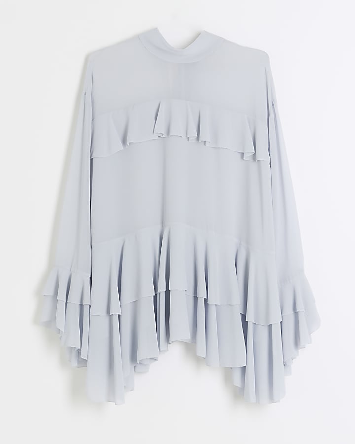 Blue chiffon frill blouse