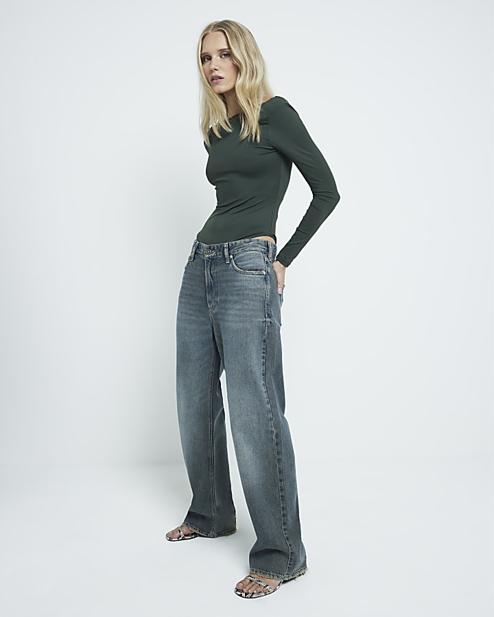 Green scoop back long sleeve bodysuit