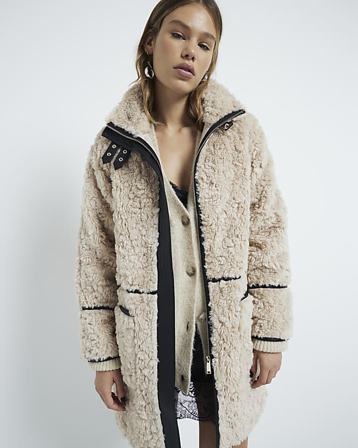 Cream Faux Shearling Pocket Detail Coat