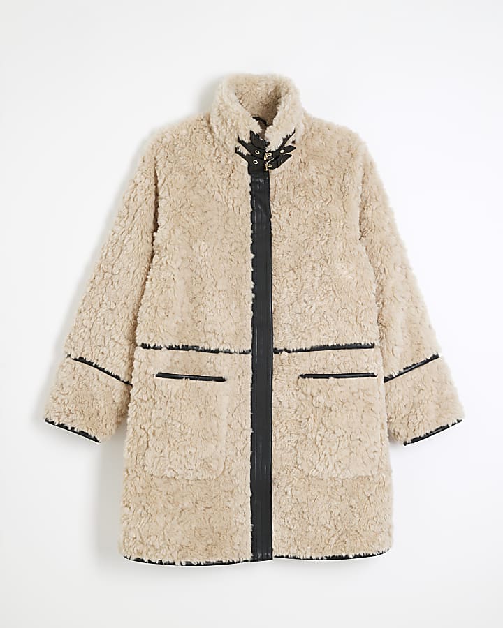 Cream Faux Shearling Pocket Detail Coat