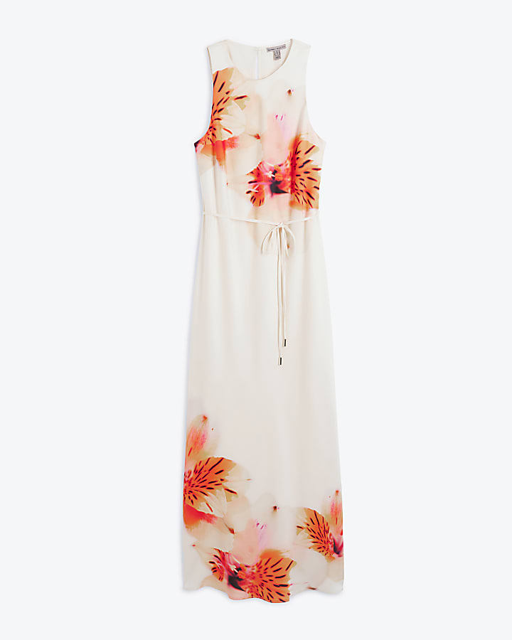 Cream floral belted slip midi dress