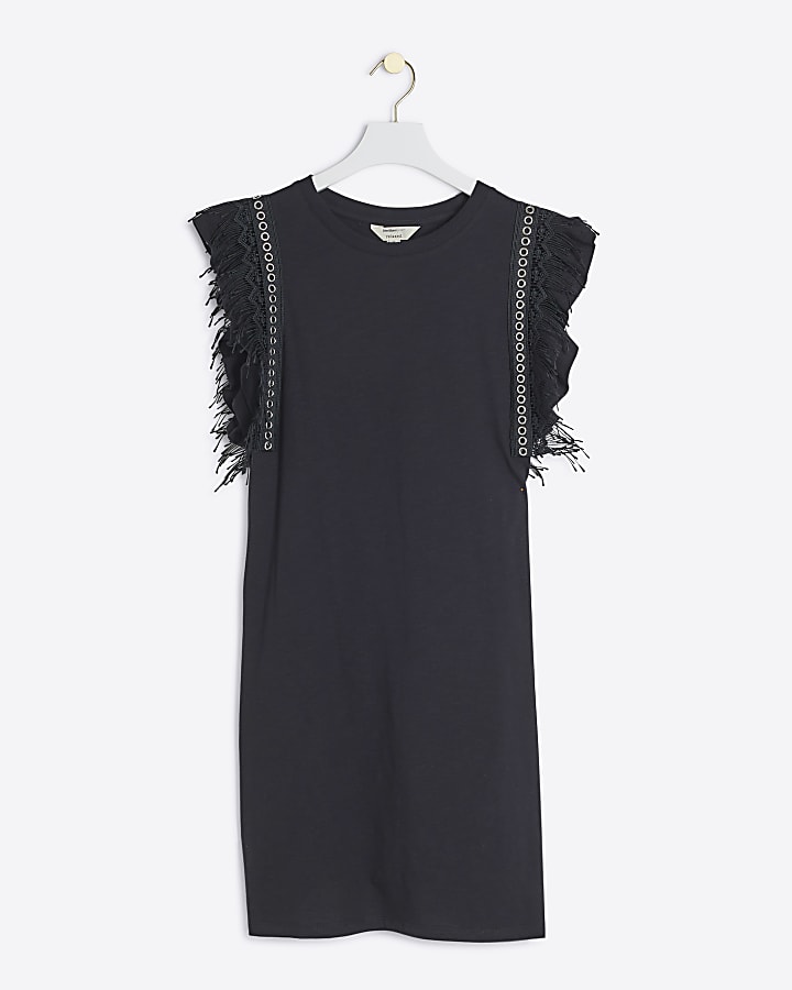 Black eyelet fringe sleeve t-shirt mini dress