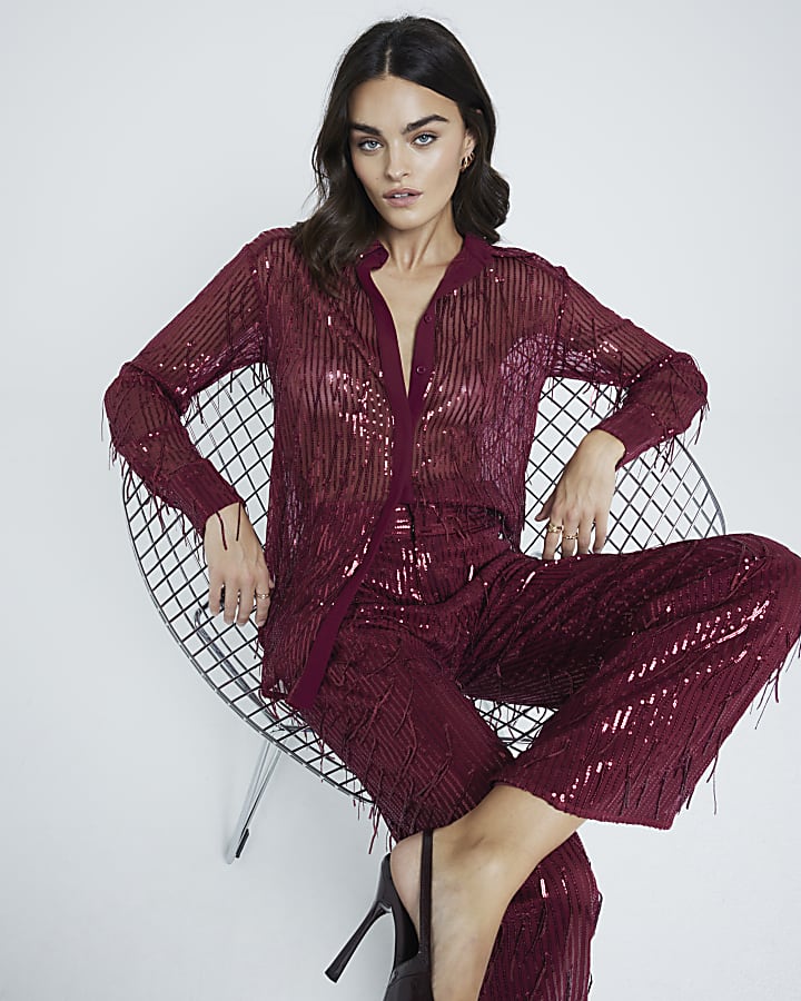 Red Sequin Fringe Shirt