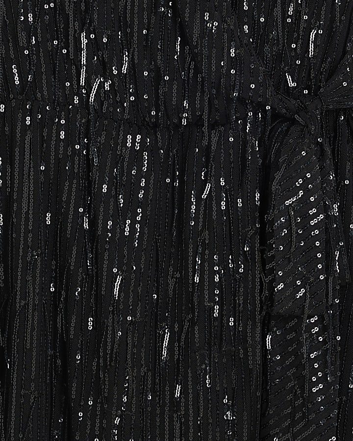 Black Sequin Fringe Wrap Mini Dress
