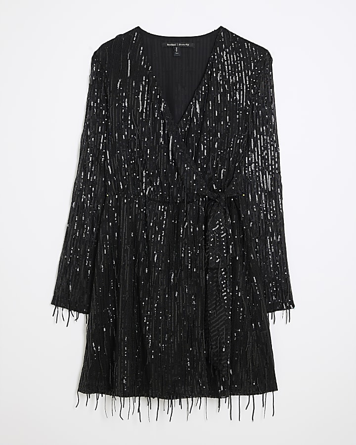 Black Sequin Fringe Wrap Mini Dress