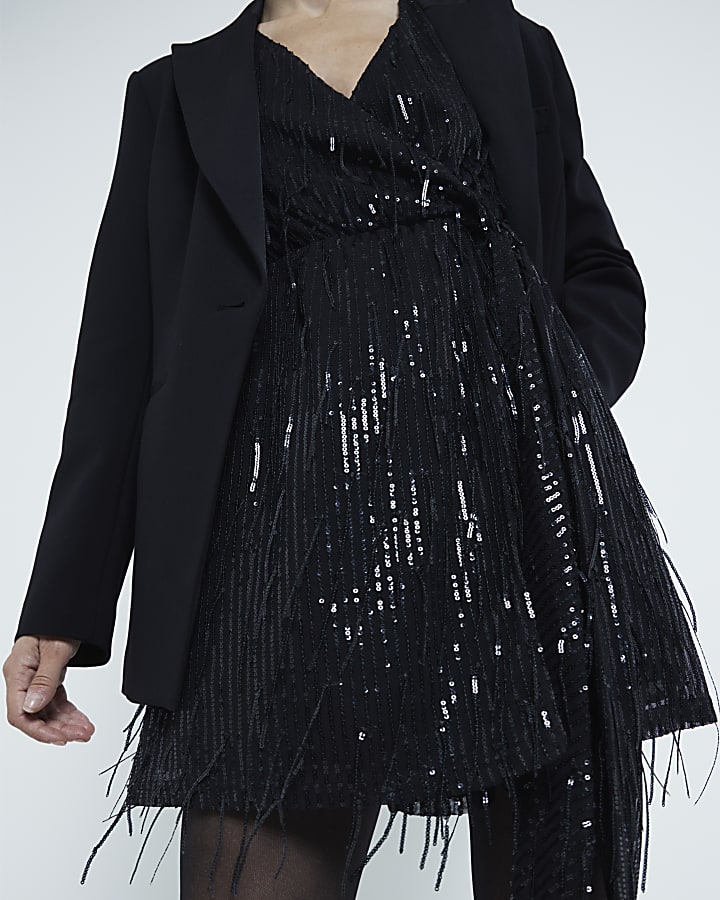 Black Sequin Fringe Wrap Mini Dress
