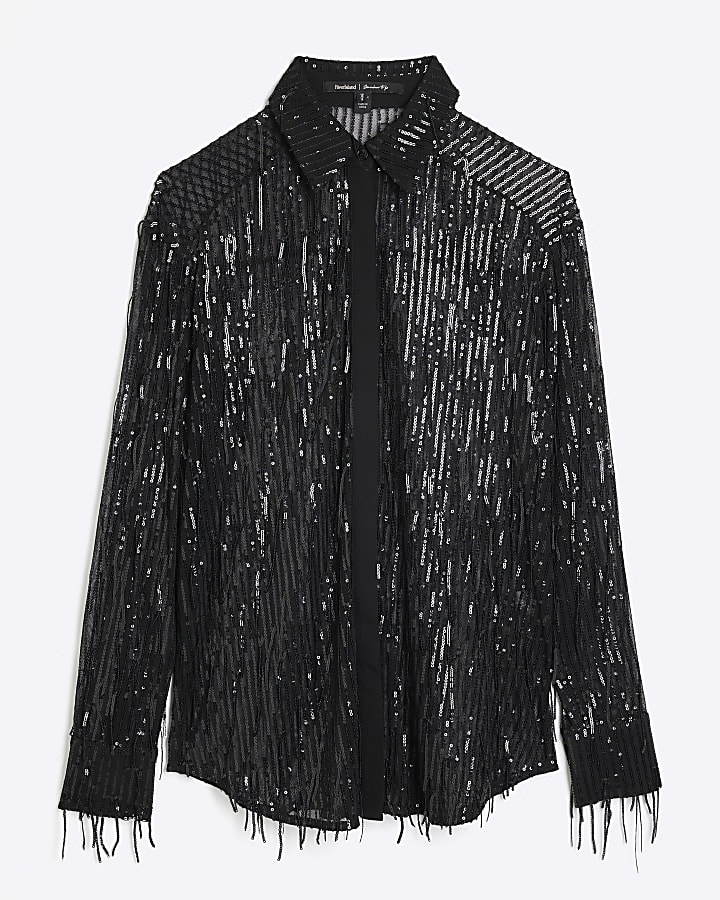 Black Sequin Fringe Shirt