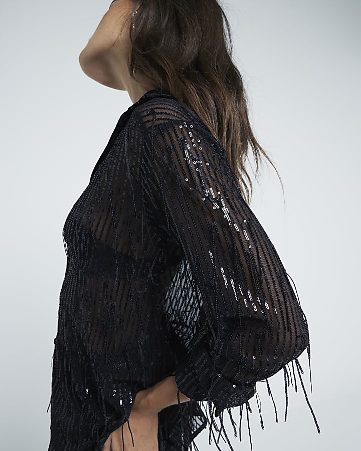 Black Sequin Fringe Shirt