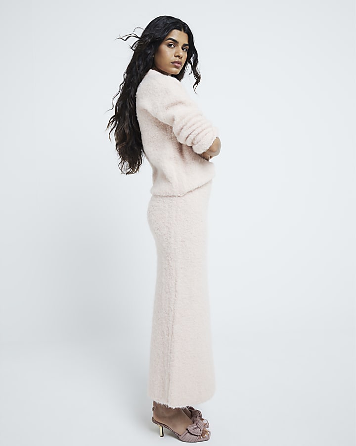 Petite Pink Fluffy knit Maxi Skirt