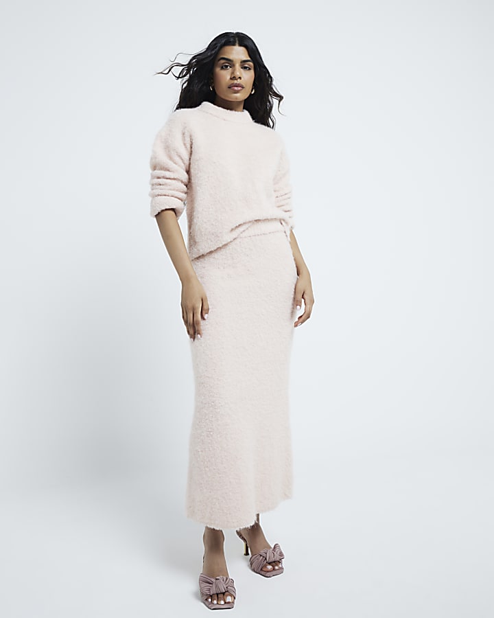 Petite Pink Fluffy knit Maxi Skirt