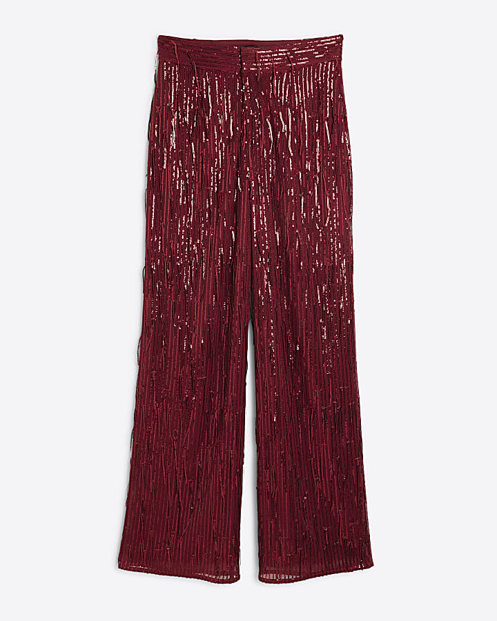 Red Sequin Tailored Fringe Trousers