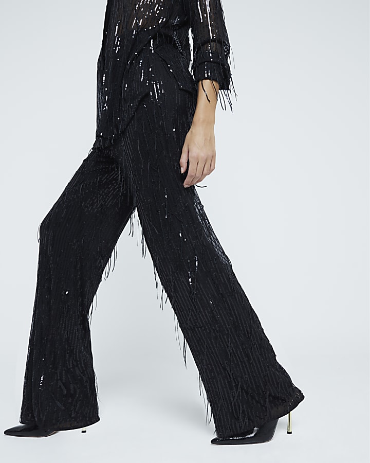 Black Sequin Tailored Fringe Trousers