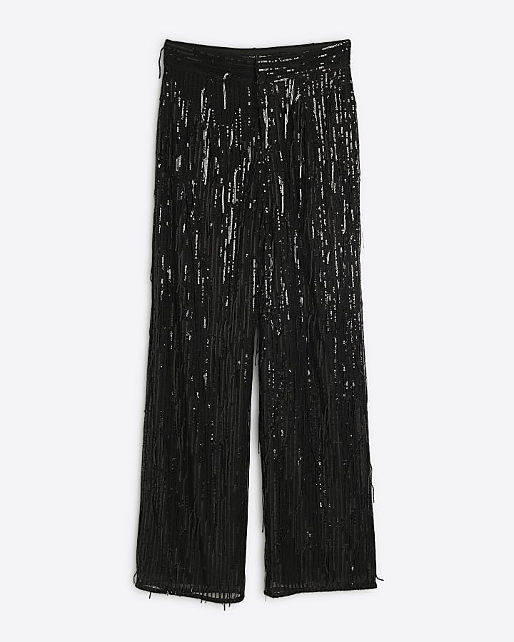 Black Sequin Tailored Fringe Trousers