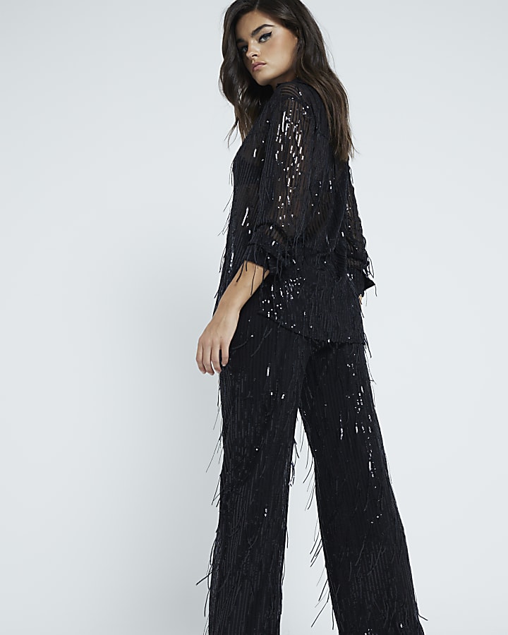 Black Sequin Tailored Fringe Trousers