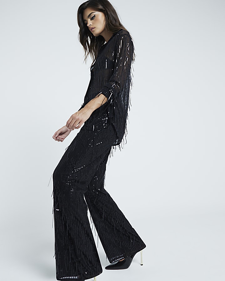 Black Sequin Tailored Fringe Trousers