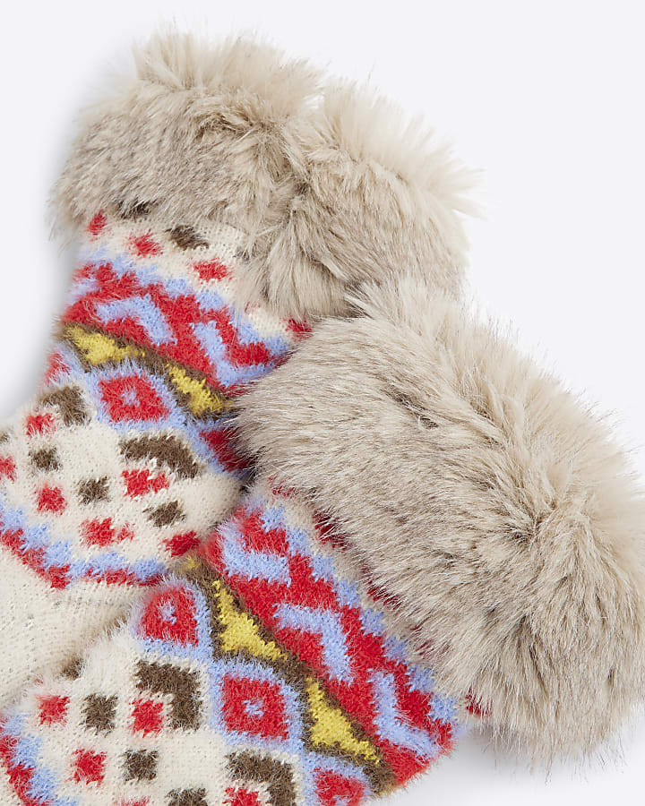 Red Faux Fur Lined Fair Isle Socks