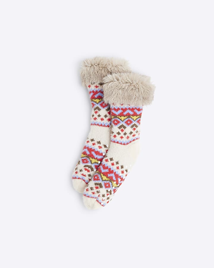 Red Faux Fur Lined Fair Isle Socks