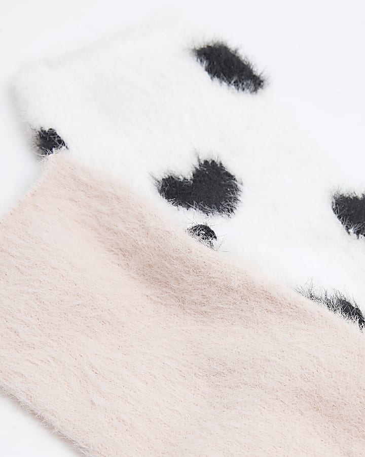 Cream & Pink Heart 2 pack Fluffy Socks Set