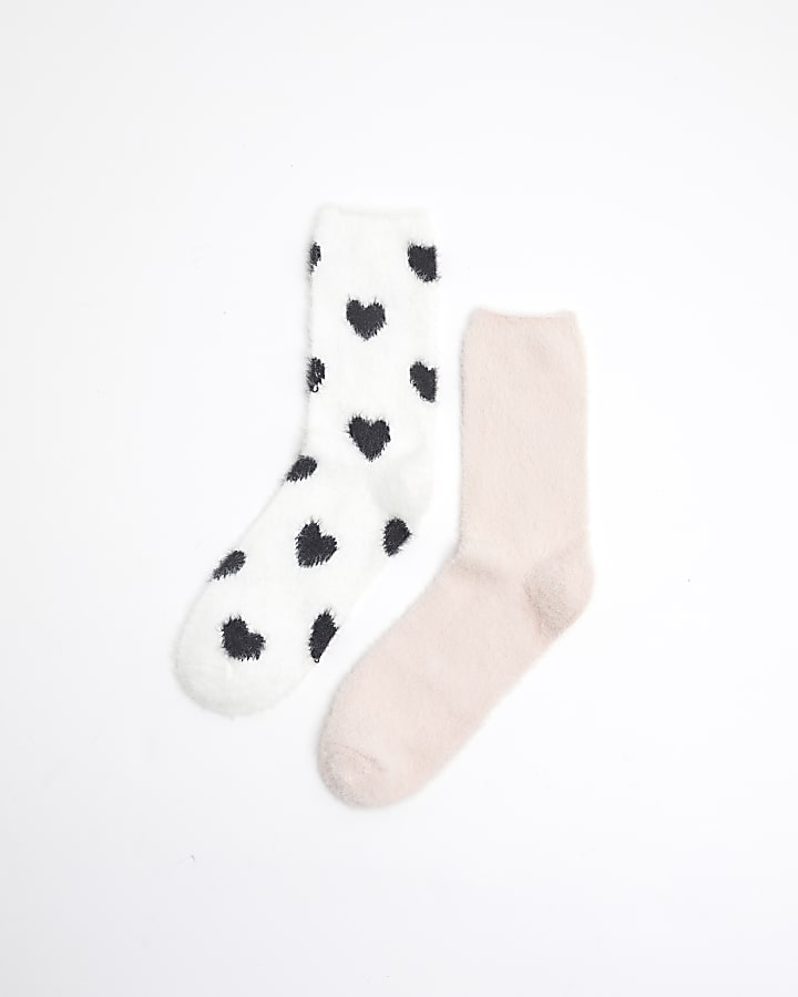 Cream & Pink Heart 2 pack Fluffy Socks Set