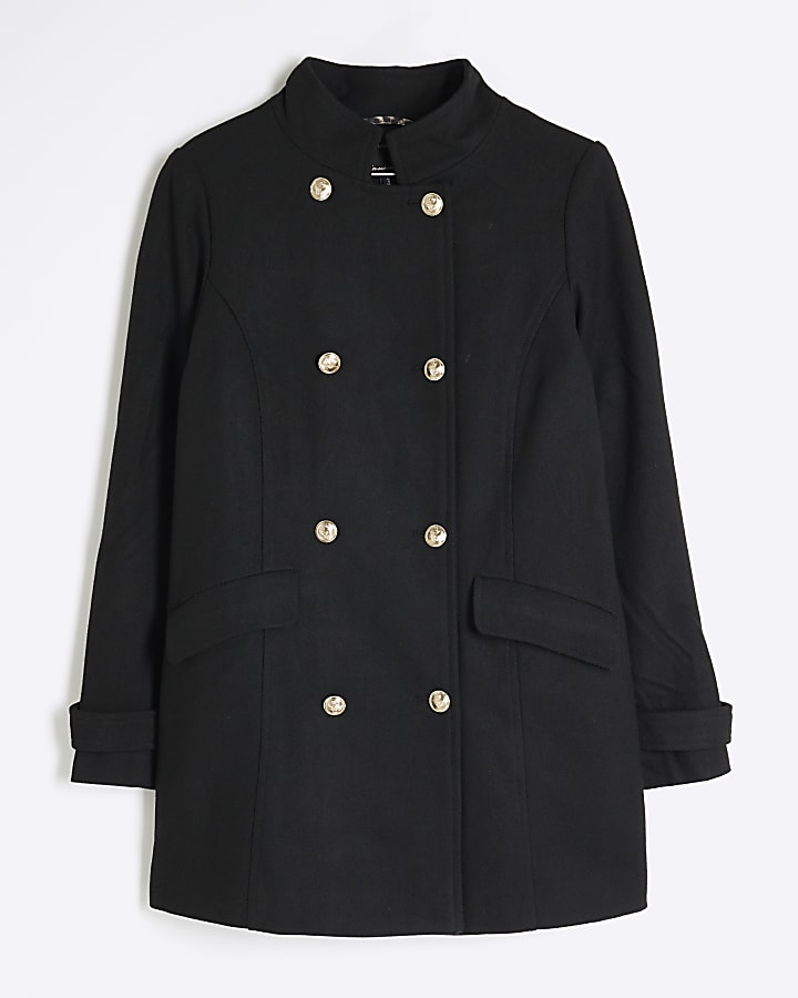 Petite Black Wool Midi Military  Coat