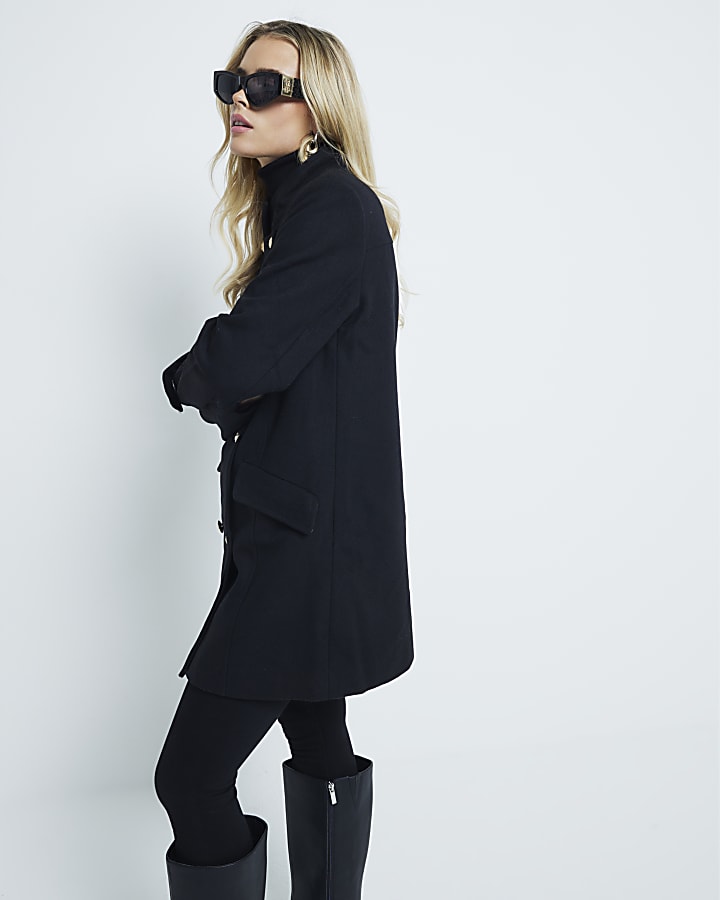 Petite Black Wool Midi Military  Coat