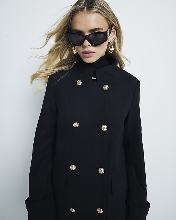 Petite Black Wool Midi Military Coat River Island