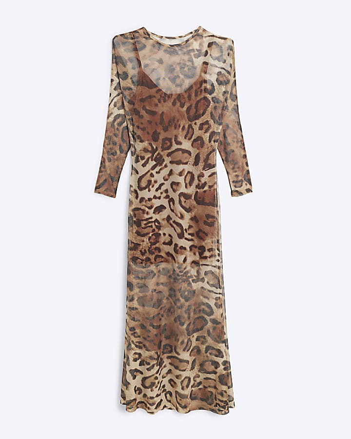 Brown mesh leopard print bodycon midi dress