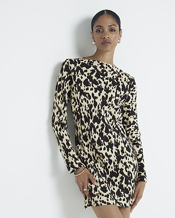 Brown leopard print shift mini dress
