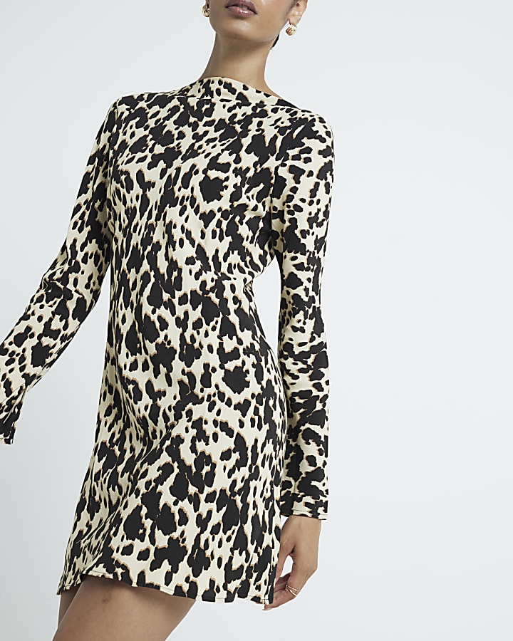Brown leopard print shift mini dress