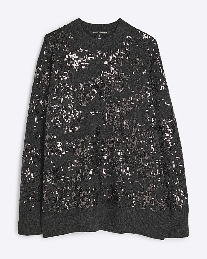 Grey Sequin Embellished oversized Jumper