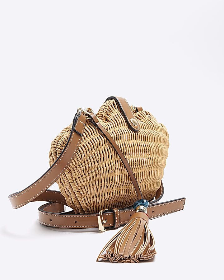 Beige Raffia Basket Cross Body Bag