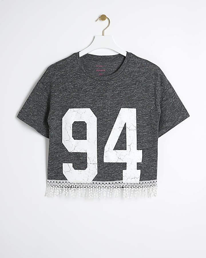 Grey graphic crochet trim t-shirt