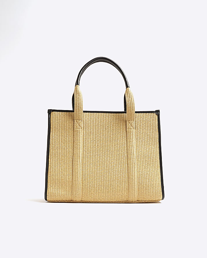 Beige Raffia Embellished Logo Shopper Bag