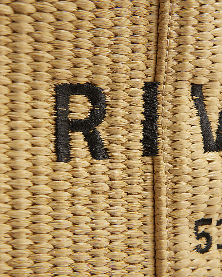 Beige Raffia Embellished Logo Shopper Bag