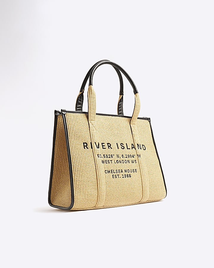 Beige Raffia Embellished Logo Shopper Bag