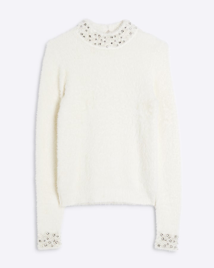 Cream Embellished High Neck Fluffy Jumper