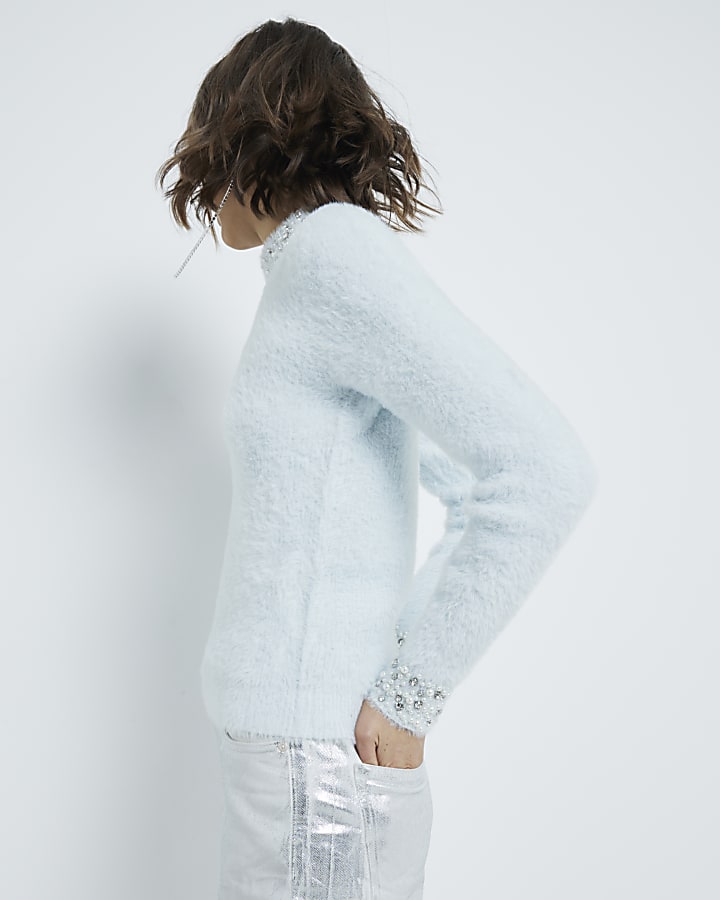 Blue Knit Embellished Neck Jumper