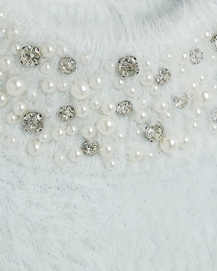 Blue Knit Embellished Neck Jumper