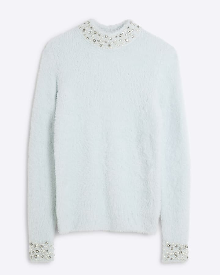 Blue Knit Embellished Neck Jumper