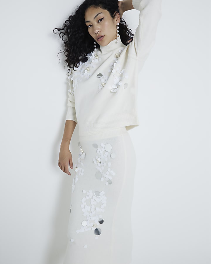 Cream High Neck Sequin Jumper