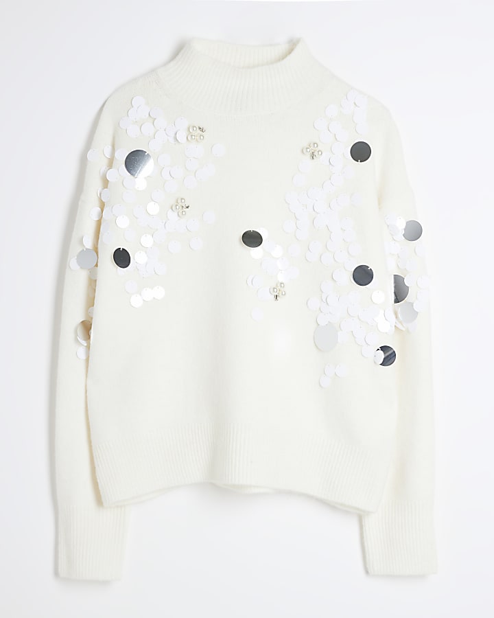 Cream High Neck Sequin Jumper