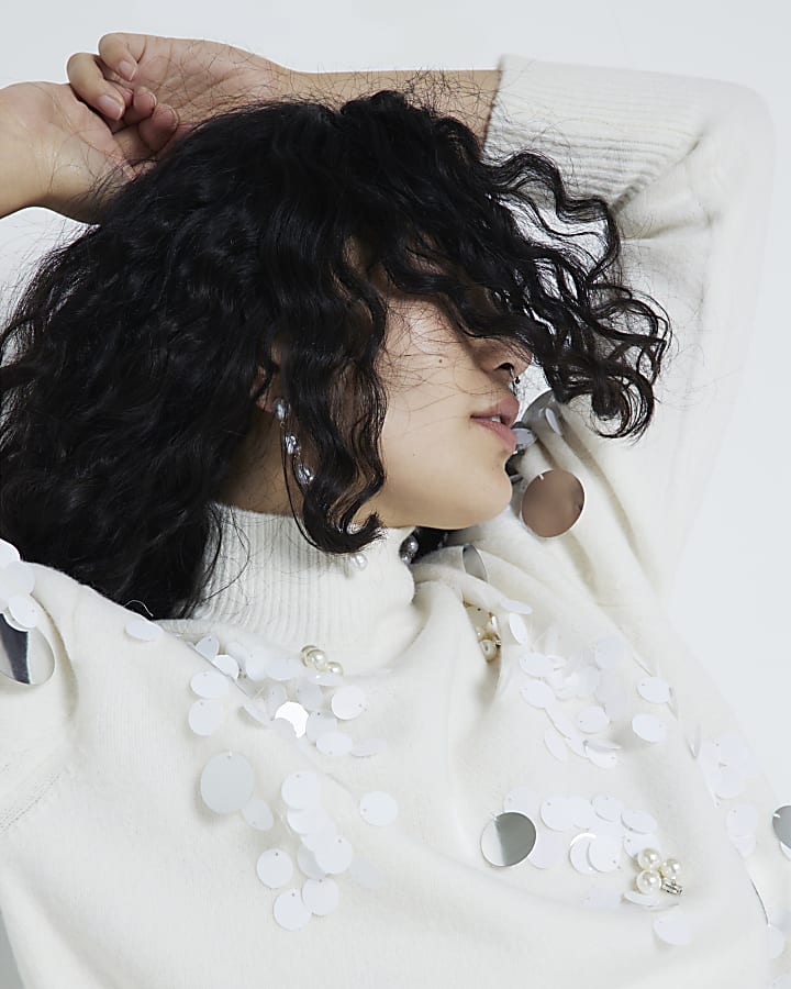 Cream High Neck Sequin Jumper