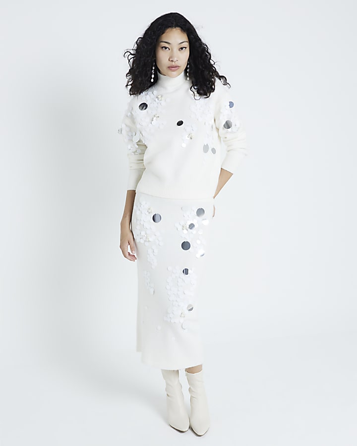 Cream High Neck Sequin Jumper