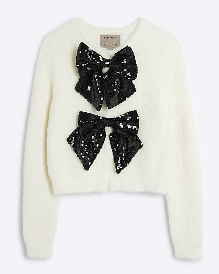 Cream Fluffy Long Sleeve Sequin Bow Cardigan